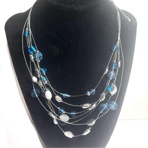 Lia Sophia Caspian Sea Multi Strand Station Necklace Blue Glass & Silver Tone